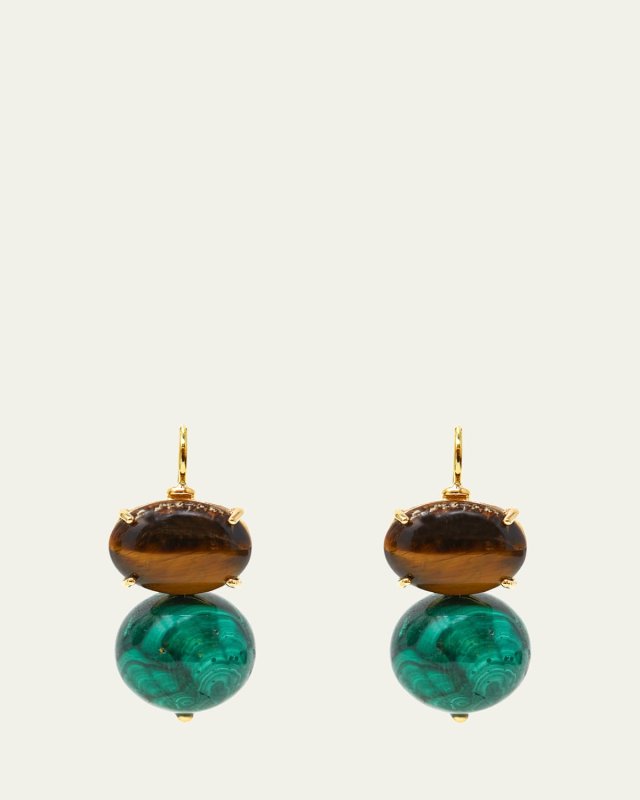 Monachina Stone and Boule Earrings in Tiger Eye and Malachite Ball